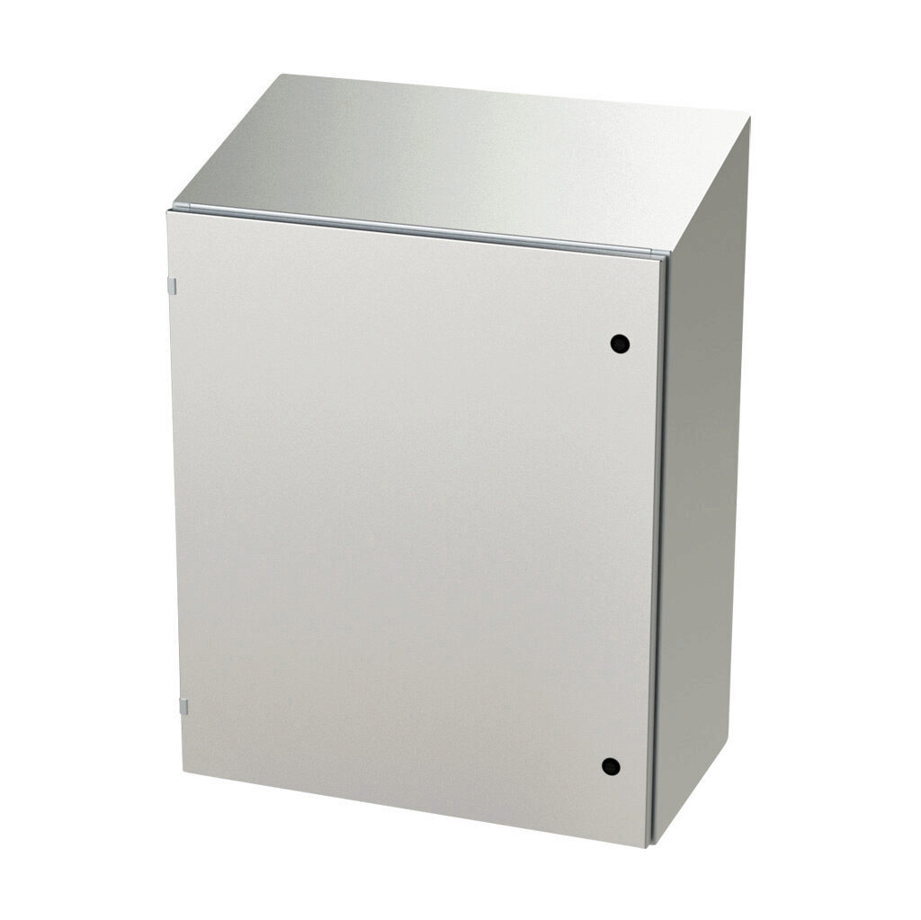 SCE-36EL3016SSST - Saginaw Enviroline series enclosure, slope top, NEMA 3R/4/4X/12/13, 36 x 30 x 16in (HxWxD), wall mount, 304 stainless steel, #4 brush finish, single-door, 1/4-turn semi-flush latch.