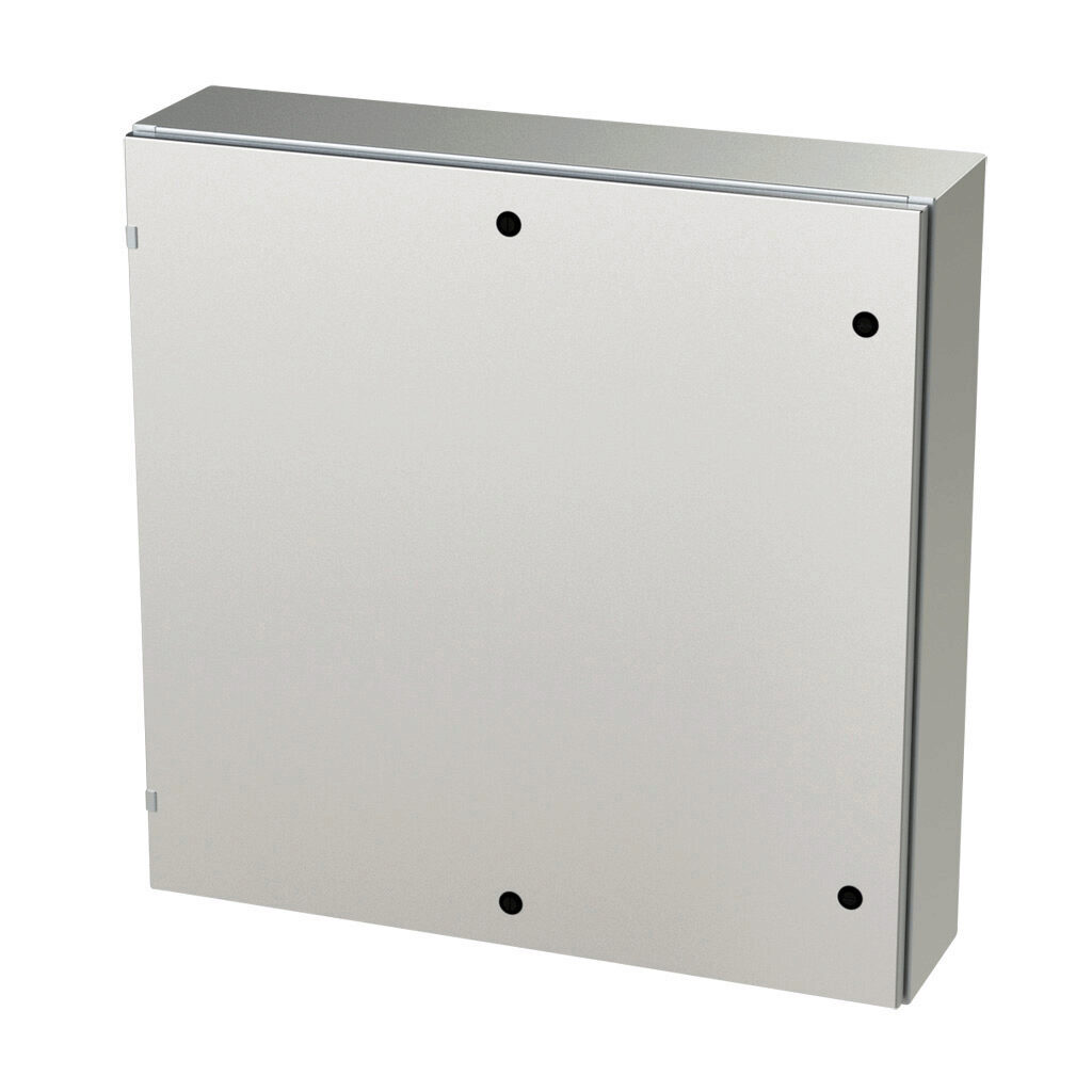 SCE-36EL3608SS6LP - Saginaw Enviroline series enclosure, NEMA 3R/4/4X/12/13, 36 x 36 x 8in (HxWxD), wall mount, 316L stainless steel, #4 brush finish, single-door, 1/4-turn semi-flush latch.