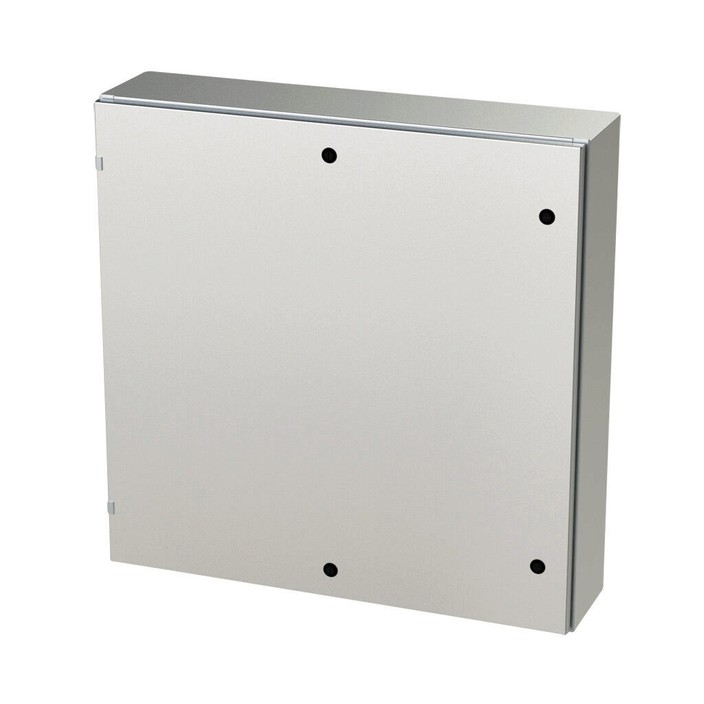SCE-36EL3608SSLP - Saginaw Enviroline series enclosure, NEMA 3R/4/4X/12/13, 36 x 36 x 8in (HxWxD), wall mount, 304 stainless steel, #4 brush finish, single-door, 1/4-turn semi-flush latch.