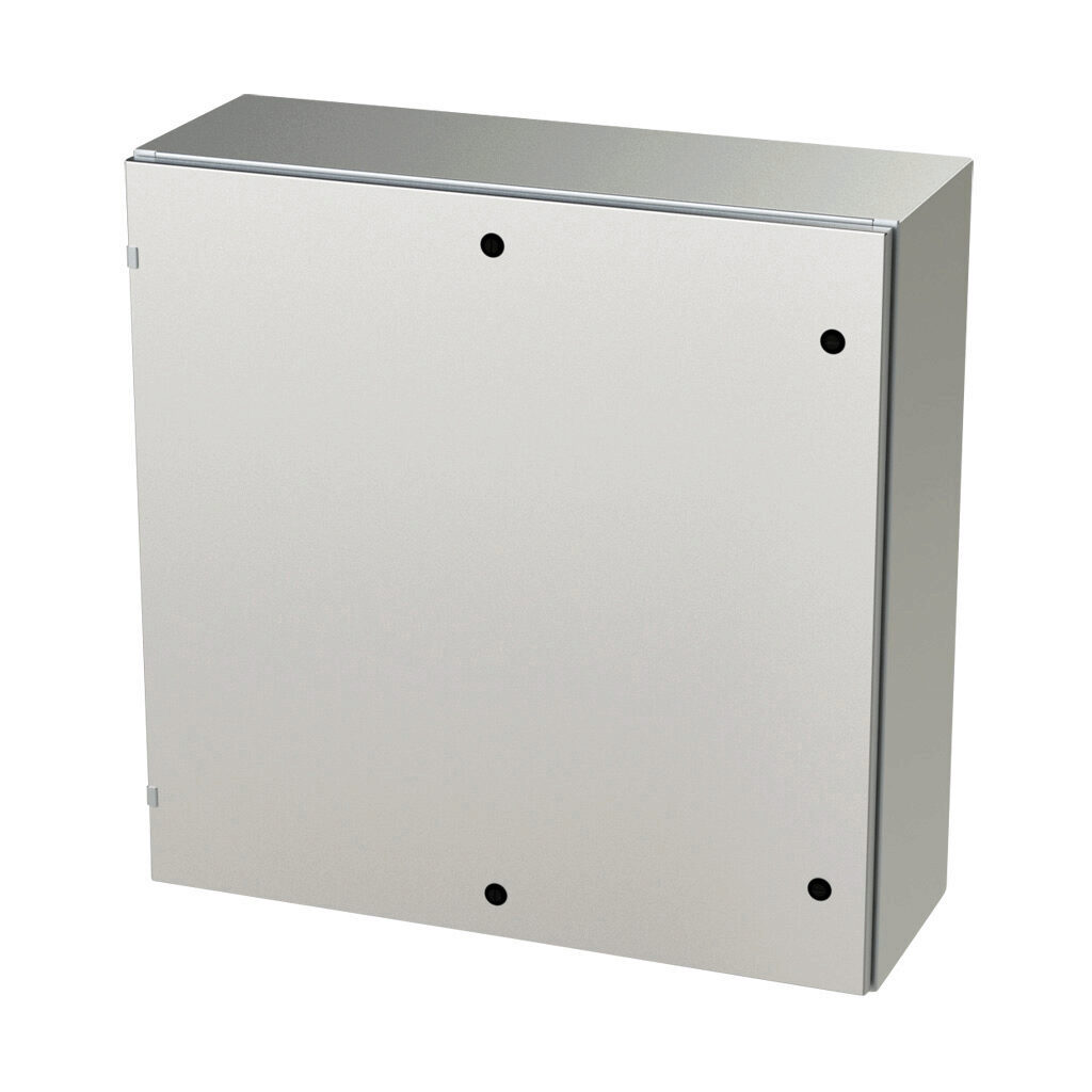 SCE-36EL3612SS6LP - Saginaw Enviroline series enclosure, NEMA 3R/4/4X/12/13, 36 x 36 x 12in (HxWxD), wall mount, 316L stainless steel, #4 brush finish, single-door, 1/4-turn semi-flush latch.
