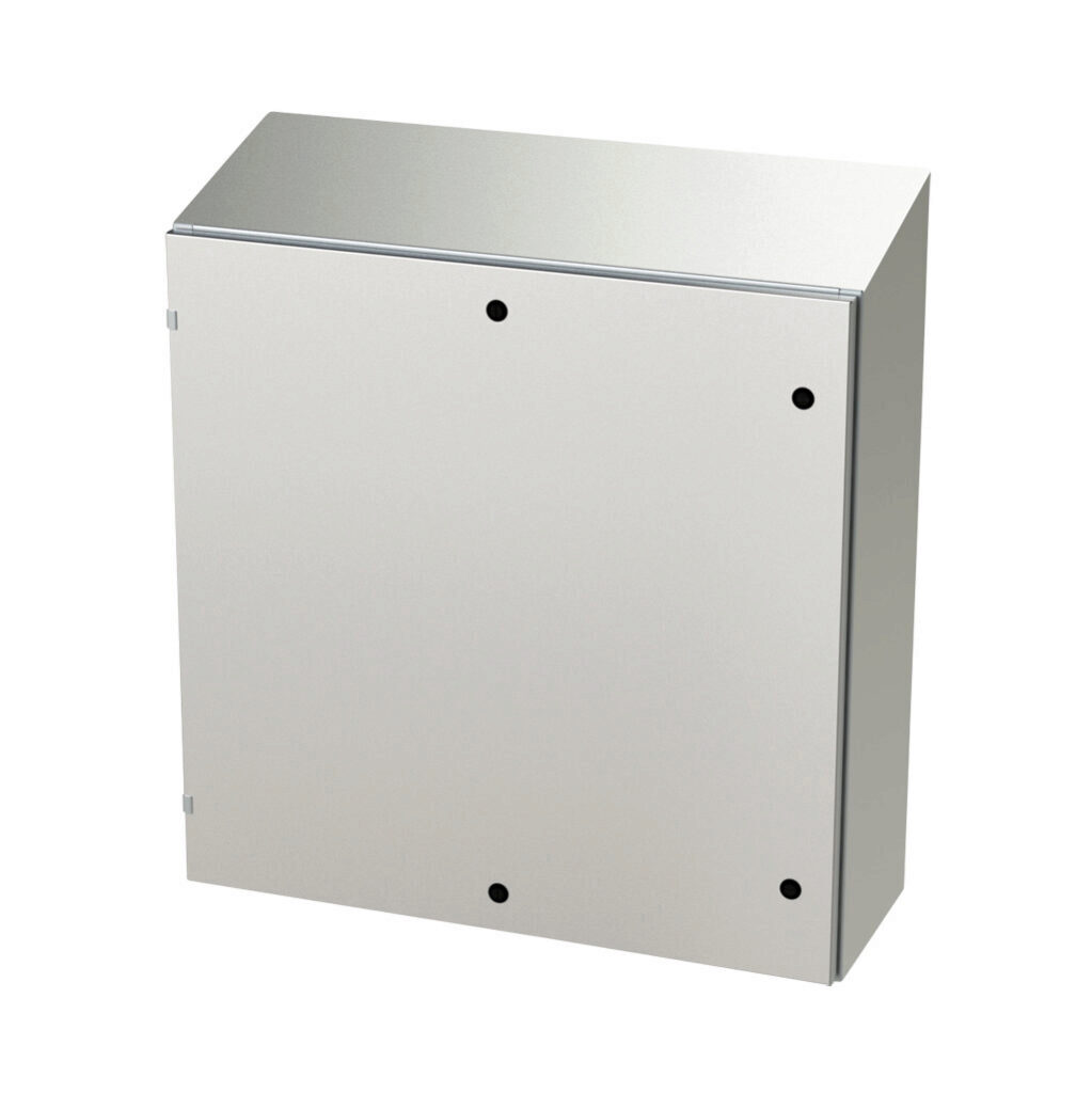 SCE-36EL3612SSST - Saginaw Enviroline series enclosure, slope top, NEMA 3R/4/4X/12/13, 36 x 36 x 12in (HxWxD), wall mount, 304 stainless steel, #4 brush finish, single-door, 1/4-turn semi-flush latch.