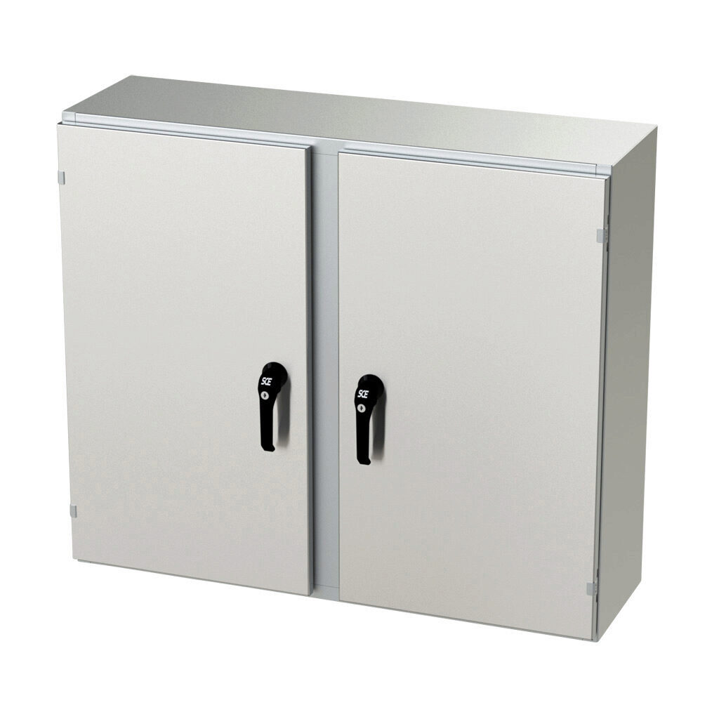 SCE-36EL4212SSWFLP - Saginaw Enviroline series enclosure, NEMA 3R/4/4X/12/13, 36 x 42 x 12in (HxWxD), wall mount, 304 stainless steel, #4 brush finish, 2-door, 3-point keylocking/padlocking combo handle.