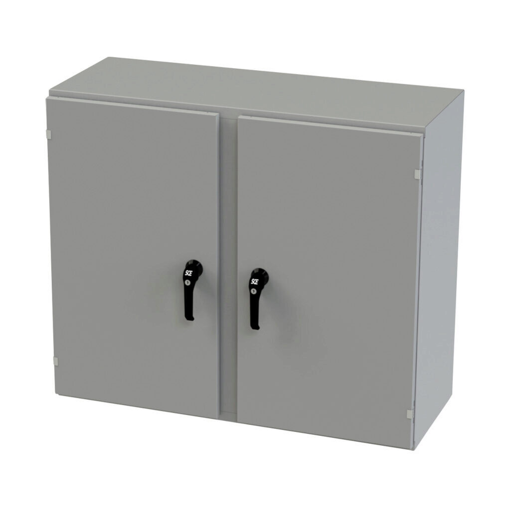 SCE-36EL4216WFLP - Saginaw Enviroline series enclosure, NEMA 3R/4/12/13, 36 x 42 x 16in (HxWxD), wall mount, carbon steel, ANSI 61 gray, powder coat finish, 2-door, 3-point keylocking/padlocking combo handle.
