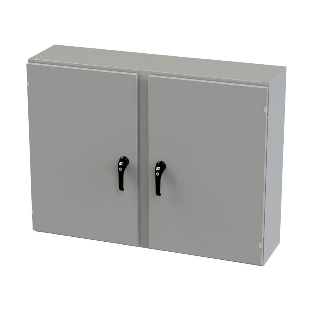 SCE-36EL4812WFLP - Saginaw Enviroline series enclosure, NEMA 3R/4/12/13, 36 x 48 x 12in (HxWxD), wall mount, carbon steel, ANSI 61 gray, powder coat finish, 2-door, 3-point keylocking/padlocking combo handle.