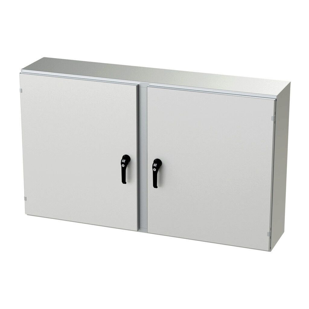 SCE-36EL6012SSWFLP - Saginaw Enviroline series enclosure, NEMA 3R/4/4X/12/13, 36 x 60 x 12in (HxWxD), wall mount, 304 stainless steel, #4 brush finish, 2-door, 3-point keylocking/padlocking combo handle.