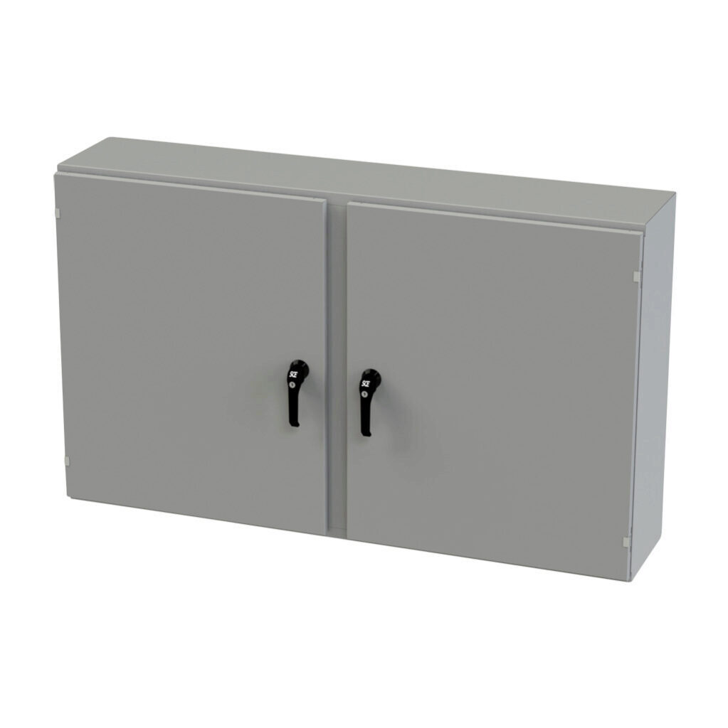 SCE-36EL6012WFLP - Saginaw Enviroline series enclosure, NEMA 3R/4/12/13, 36 x 60 x 12in (HxWxD), wall mount, carbon steel, ANSI 61 gray, powder coat finish, 2-door, 3-point keylocking/padlocking combo handle.