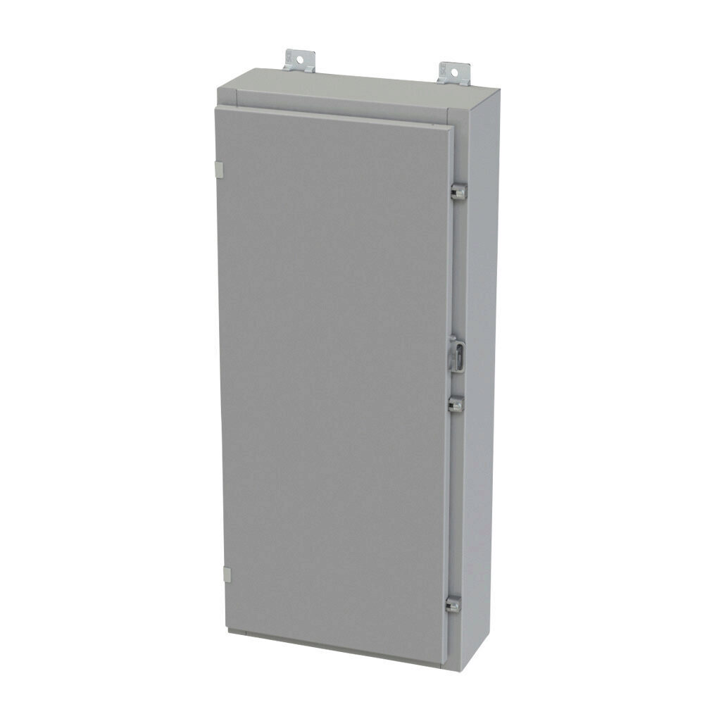 SCE-36H1606LP - Saginaw enclosure, NEMA 3R/4/12/13, 36 x 16 x 6in (HxWxD), wall mount, carbon steel, ANSI 61 gray, powder coat finish, single-door, plated steel clamps, padlock hasp and staple.