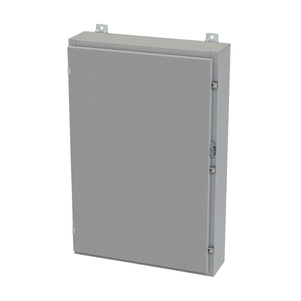 SCE-36H2406LP - Saginaw enclosure, NEMA 3R/4/12/13, 36 x 24 x 6in (HxWxD), wall mount, carbon steel, ANSI 61 gray, powder coat finish, single-door, plated steel clamps, padlock hasp and staple.