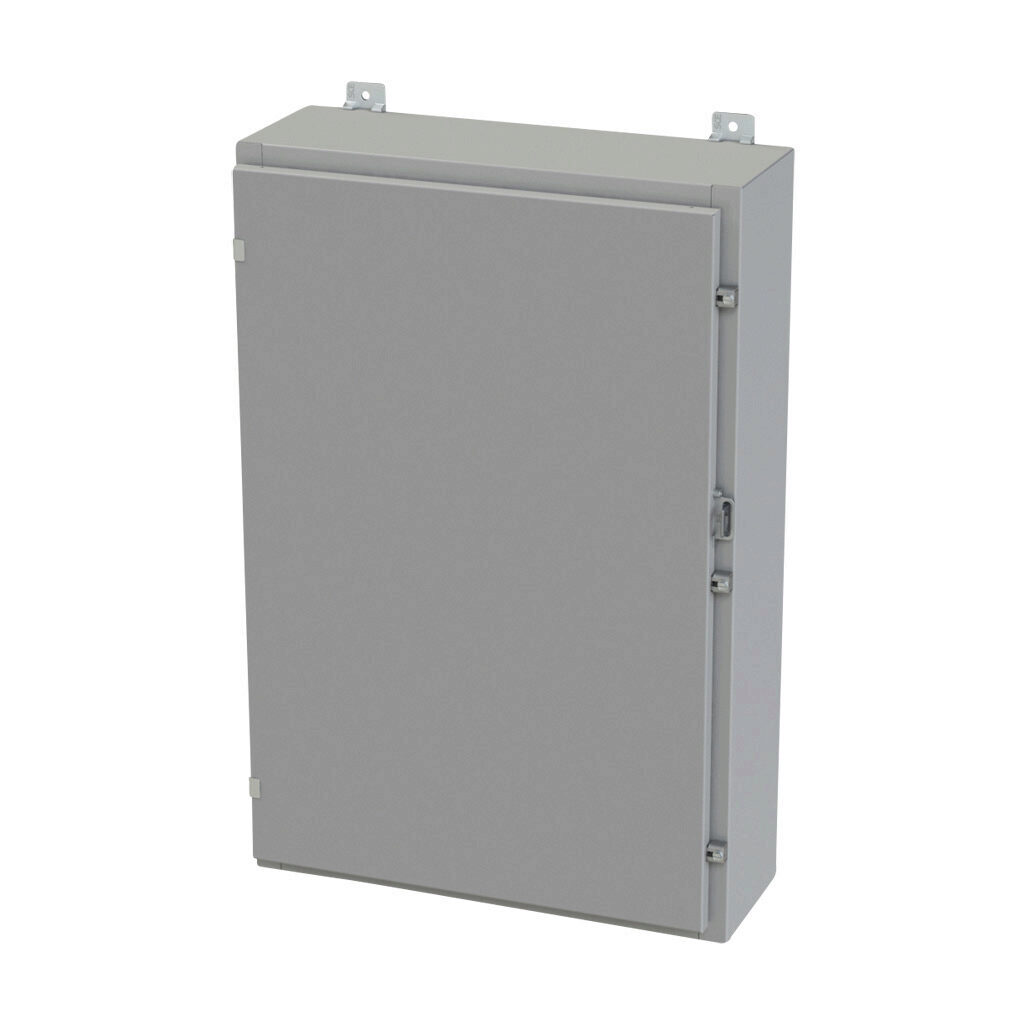 SCE-36H2408LP - Saginaw enclosure, NEMA 3R/4/12/13, 36 x 24 x 8in (HxWxD), wall mount, carbon steel, ANSI 61 gray, powder coat finish, single-door, plated steel clamps, padlock hasp and staple.