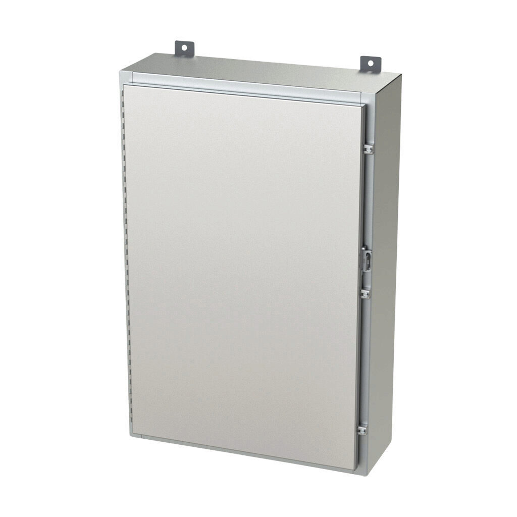 SCE-36H2408SSLP - Saginaw enclosure, NEMA 3R/4/4X/12/13, 36 x 24 x 8in (HxWxD), wall mount, 304 stainless steel, #4 brush finish, single-door, stainless steel clamps, padlock hasp and staple.