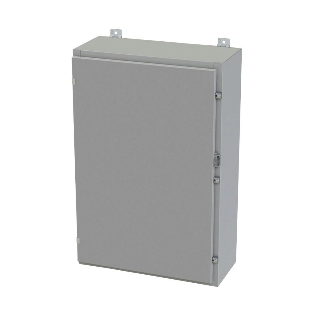 SCE-36H2410LP - Saginaw enclosure, NEMA 3R/4/12/13, 36 x 24 x 10in (HxWxD), wall mount, carbon steel, ANSI 61 gray, powder coat finish, single-door, plated steel clamps, padlock hasp and staple.