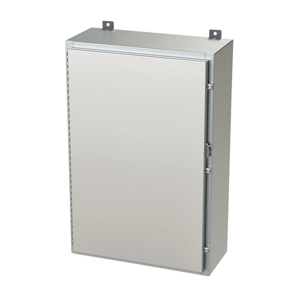 SCE-36H2410SS6LP - Saginaw enclosure, NEMA 3R/4/4X/12/13, 36 x 24 x 10in (HxWxD), wall mount, 316L stainless steel, #4 brush finish, single-door, stainless steel clamps, padlock hasp and staple.