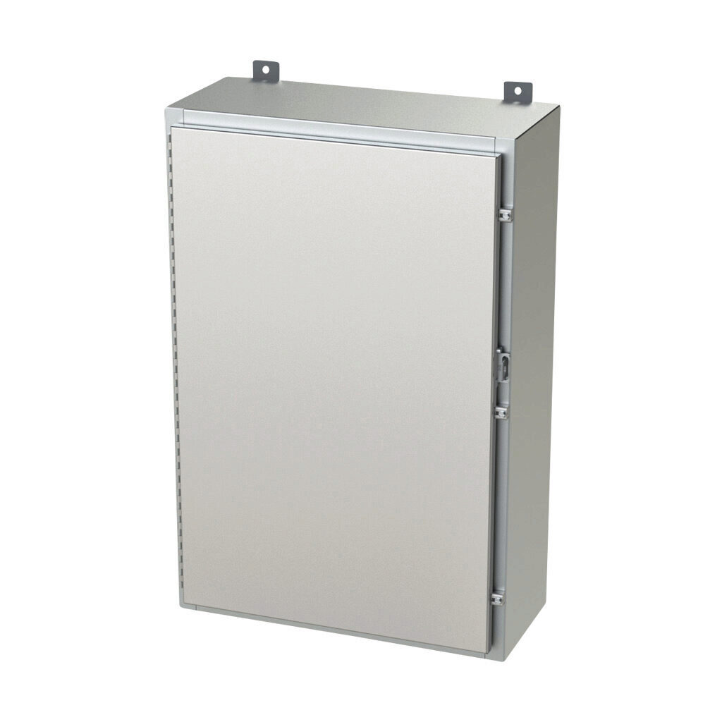 SCE-36H2410SSLP - Saginaw enclosure, NEMA 3R/4/4X/12/13, 36 x 24 x 10in (HxWxD), wall mount, 304 stainless steel, #4 brush finish, single-door, stainless steel clamps, padlock hasp and staple.
