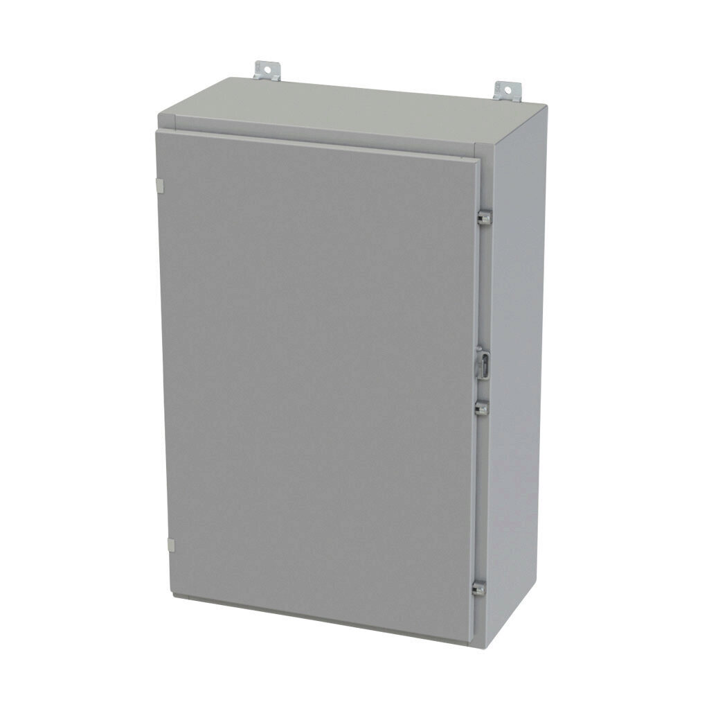 SCE-36H2412LP - Saginaw enclosure, NEMA 3R/4/12/13, 36 x 24 x 12in (HxWxD), wall mount, carbon steel, ANSI 61 gray, powder coat finish, single-door, plated steel clamps, padlock hasp and staple.