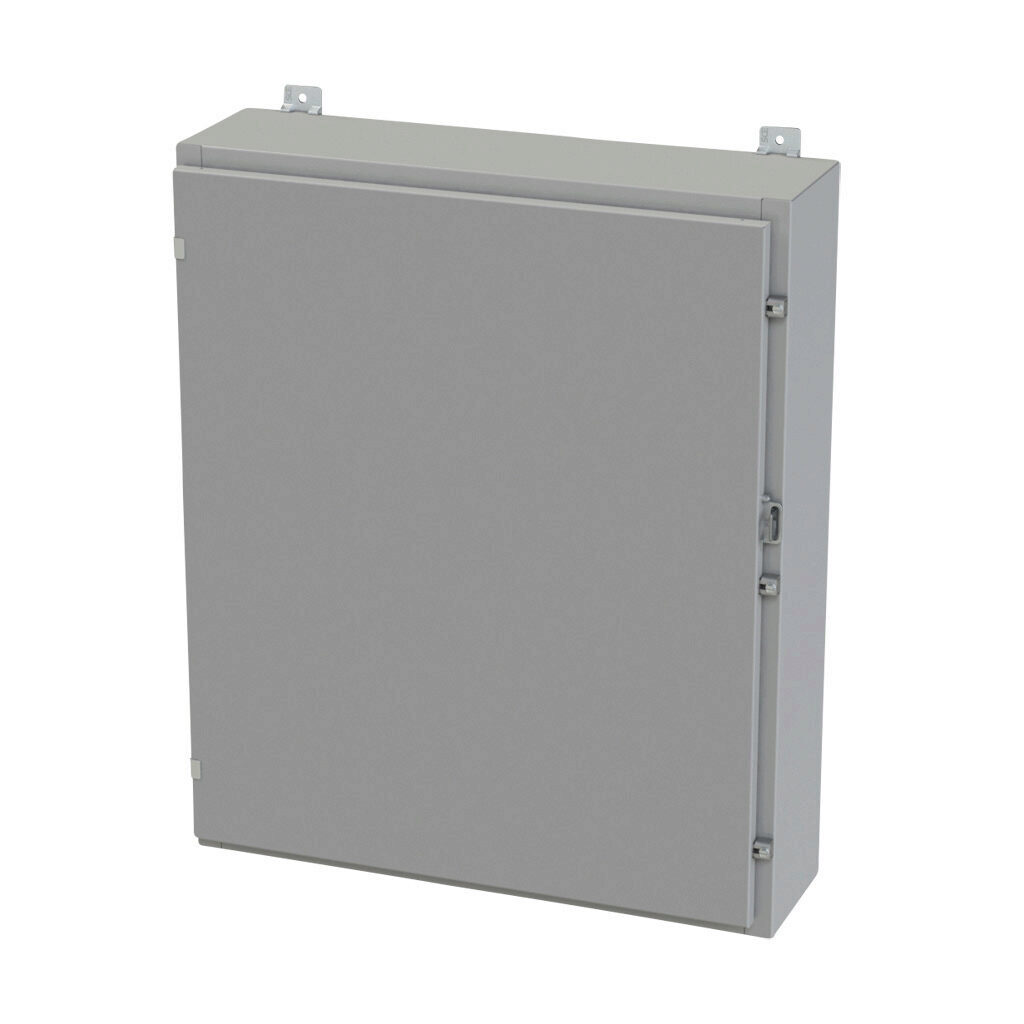 SCE-36H3008LP - Saginaw enclosure, NEMA 3R/4/12/13, 36 x 30 x 8in (HxWxD), wall mount, carbon steel, ANSI 61 gray, powder coat finish, single-door, plated steel clamps, padlock hasp and staple.