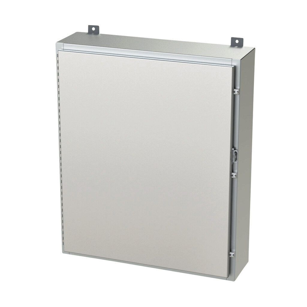 SCE-36H3008SS6LP - Saginaw enclosure, NEMA 3R/4/4X/12/13, 36 x 30 x 8in (HxWxD), wall mount, 316L stainless steel, #4 brush finish, single-door, stainless steel clamps, padlock hasp and staple.