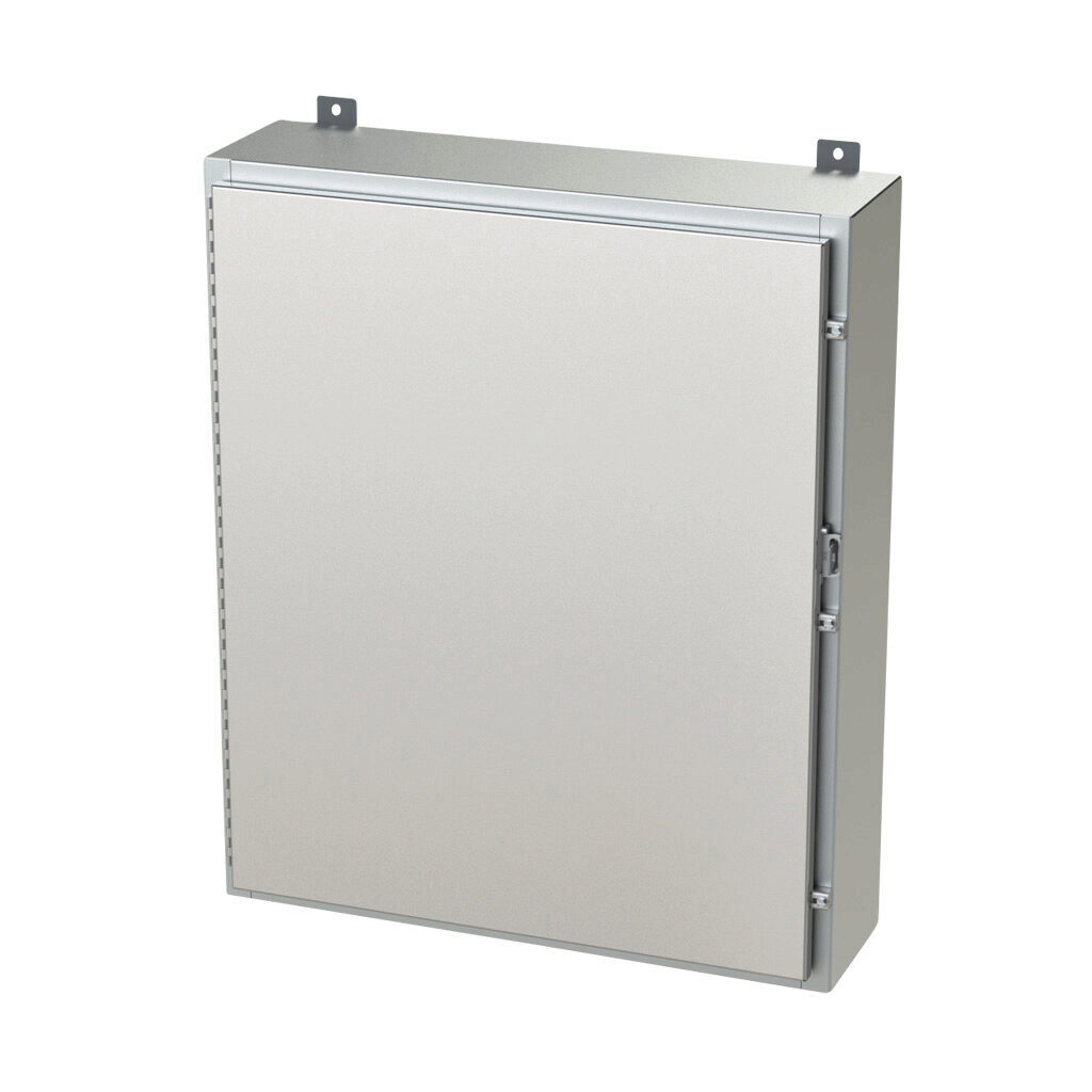 SCE-36H3008SSLP - Saginaw enclosure, NEMA 3R/4/4X/12/13, 36 x 30 x 8in (HxWxD), wall mount, 304 stainless steel, #4 brush finish, single-door, stainless steel clamps, padlock hasp and staple.