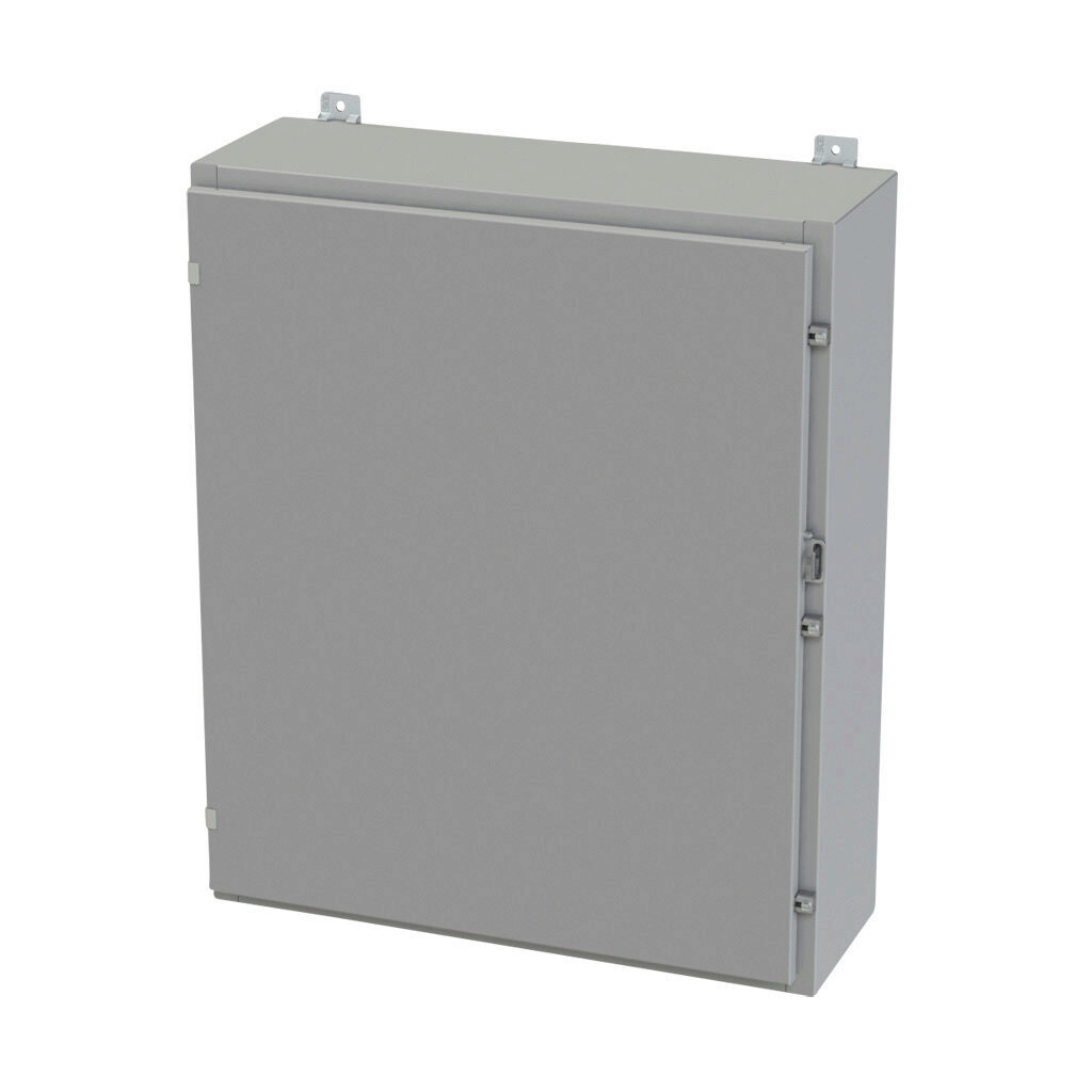 SCE-36H3010LP - Saginaw enclosure, NEMA 3R/4/12/13, 36 x 30 x 10in (HxWxD), wall mount, carbon steel, ANSI 61 gray, powder coat finish, single-door, plated steel clamps, padlock hasp and staple.