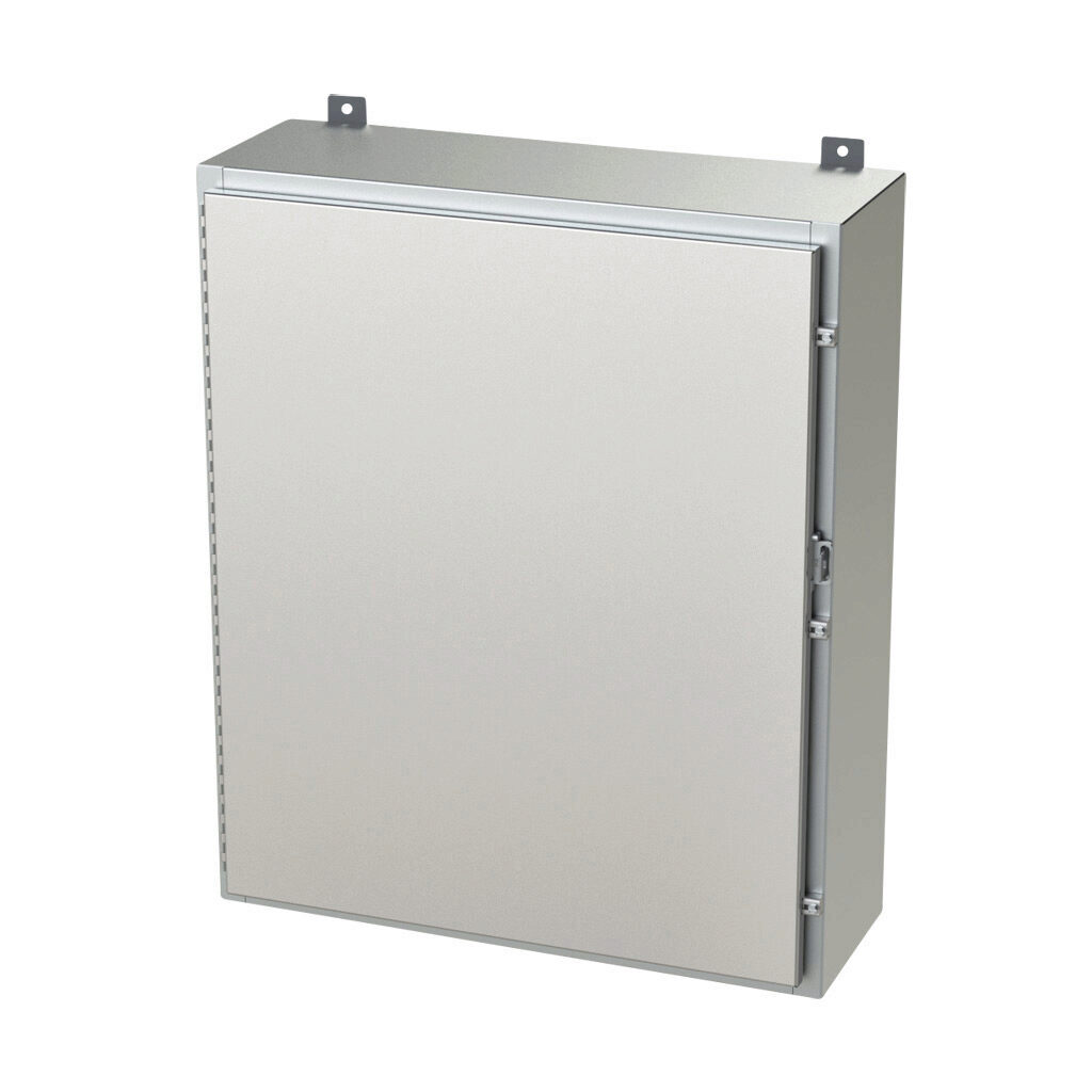 SCE-36H3010SS6LP - Saginaw enclosure, NEMA 3R/4/4X/12/13, 36 x 30 x 10in (HxWxD), wall mount, 316L stainless steel, #4 brush finish, single-door, stainless steel clamps, padlock hasp and staple.