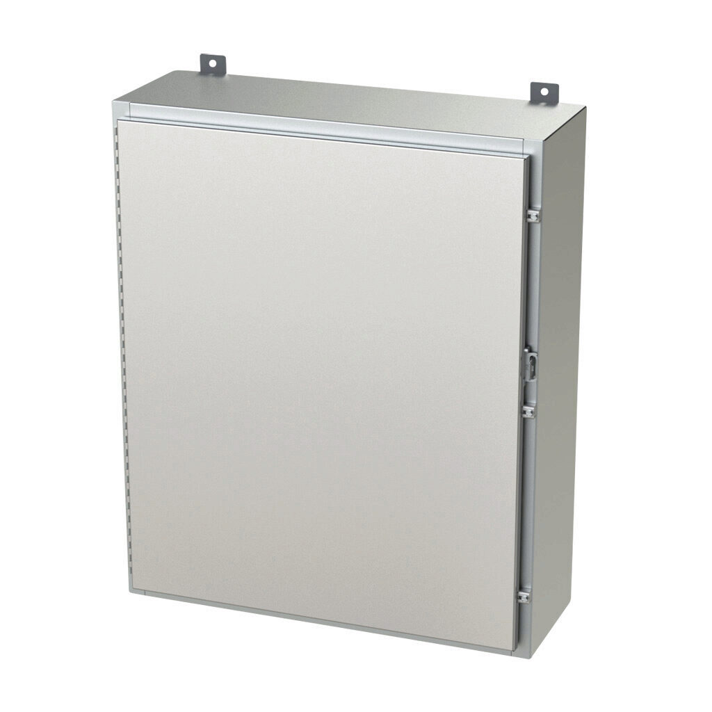 SCE-36H3010SSLP - Saginaw enclosure, NEMA 3R/4/4X/12/13, 36 x 30 x 10in (HxWxD), wall mount, 304 stainless steel, #4 brush finish, single-door, stainless steel clamps, padlock hasp and staple.