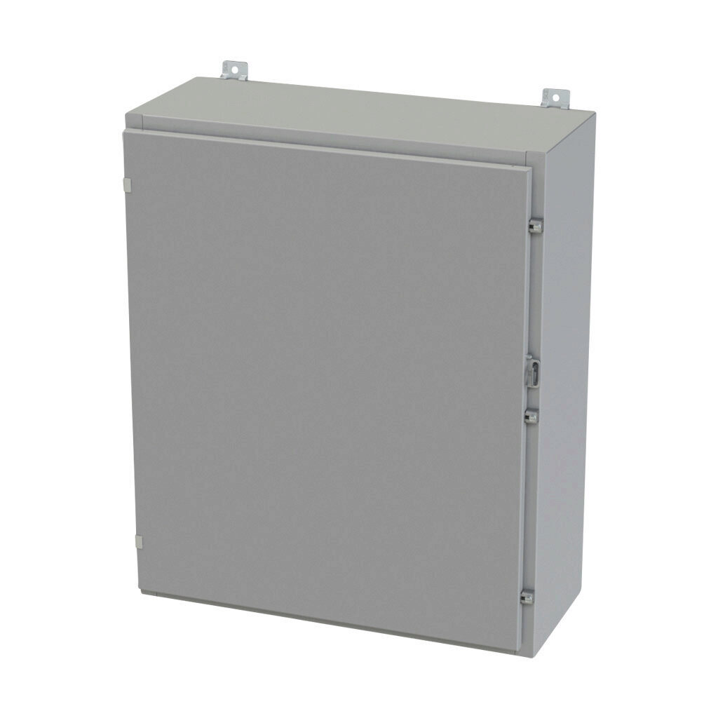 SCE-36H3012LP - Saginaw enclosure, NEMA 3R/4/12/13, 36 x 30 x 12in (HxWxD), wall mount, carbon steel, ANSI 61 gray, powder coat finish, single-door, plated steel clamps, padlock hasp and staple.