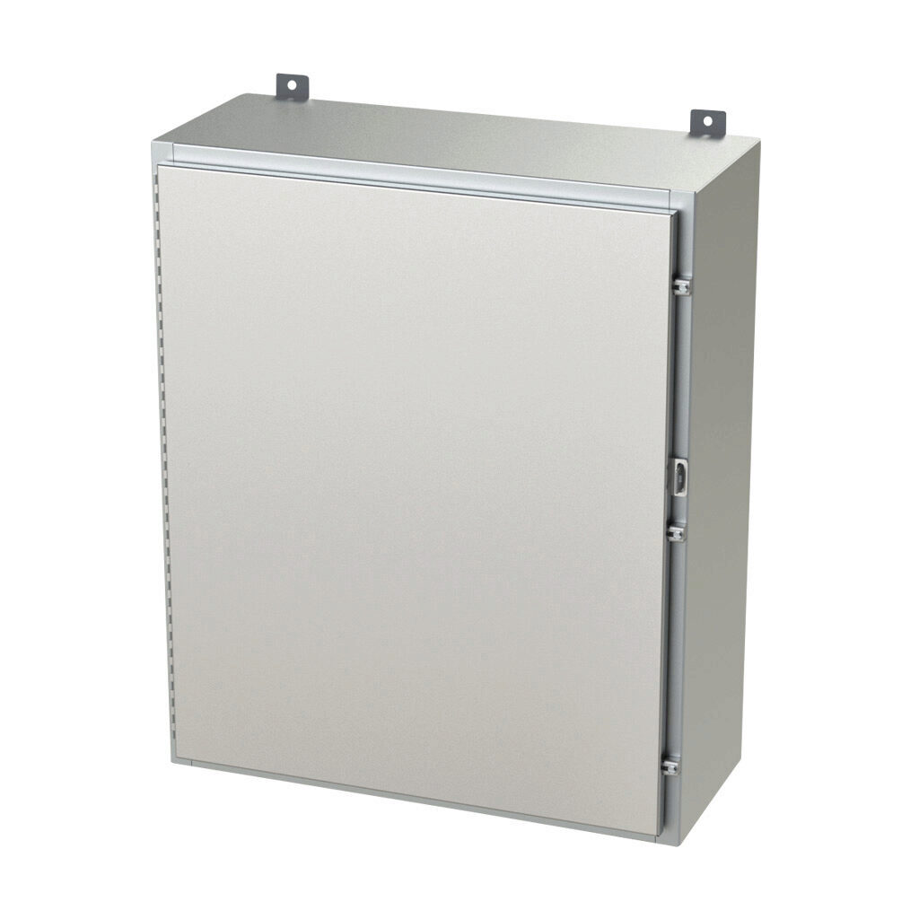 SCE-36H3012SS6LP - Saginaw enclosure, NEMA 3R/4/4X/12/13, 36 x 30 x 12in (HxWxD), wall mount, 316L stainless steel, #4 brush finish, single-door, stainless steel clamps, padlock hasp and staple.