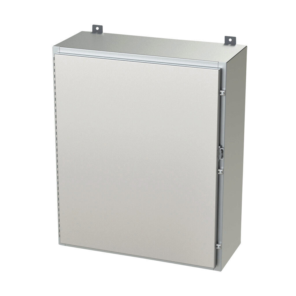 SCE-36H3012SSLP - Saginaw enclosure, NEMA 3R/4/4X/12/13, 36 x 30 x 12in (HxWxD), wall mount, 304 stainless steel, #4 brush finish, single-door, stainless steel clamps, padlock hasp and staple.