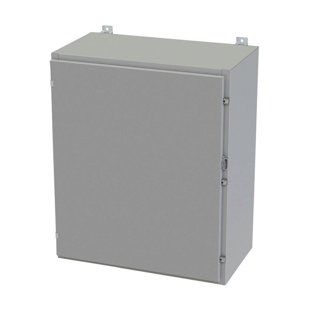 SCE-36H3016LP - Saginaw enclosure, NEMA 3R/4/12/13, 36 x 30 x 16in (HxWxD), wall mount, carbon steel, ANSI 61 gray, powder coat finish, single-door, plated steel clamps, padlock hasp and staple.