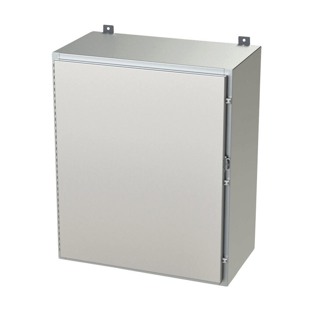 SCE-36H3016SS6LP - Saginaw enclosure, NEMA 3R/4/4X/12/13, 36 x 30 x 16in (HxWxD), wall mount, 316L stainless steel, #4 brush finish, single-door, stainless steel clamps, padlock hasp and staple.