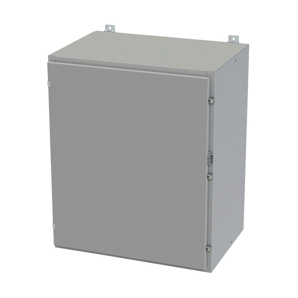 SCE-36H3020LP - Saginaw enclosure, NEMA 3R/4/12/13, 36 x 30 x 20in (HxWxD), wall mount, carbon steel, ANSI 61 gray, powder coat finish, single-door, plated steel clamps, padlock hasp and staple.