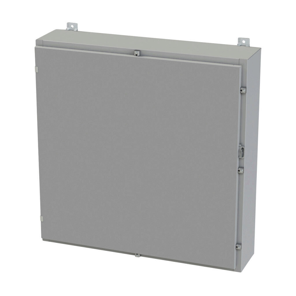SCE-36H3608LP - Saginaw enclosure, NEMA 3R/4/12/13, 36 x 36 x 8in (HxWxD), wall mount, carbon steel, ANSI 61 gray, powder coat finish, single-door, plated steel clamps, padlock hasp and staple.