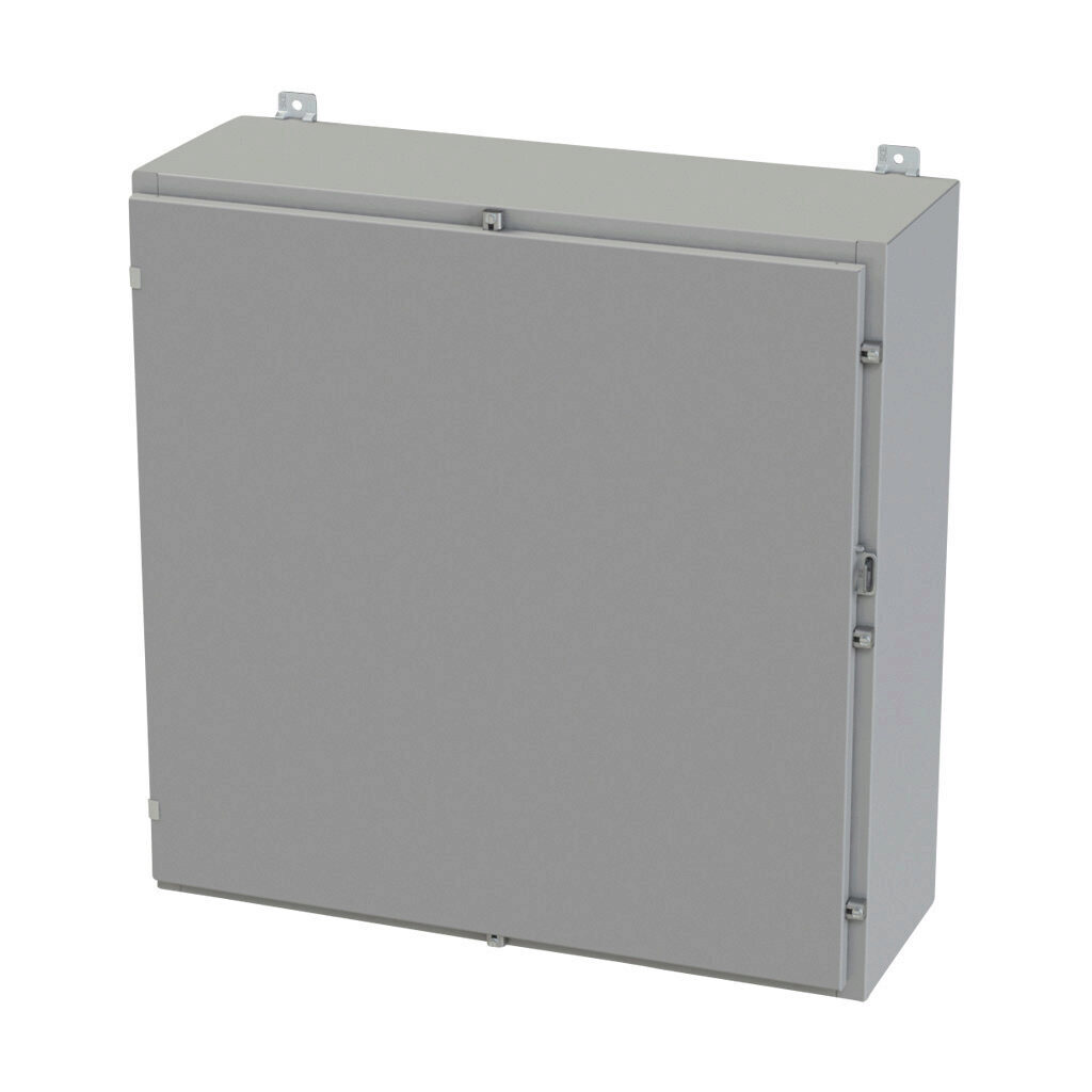 SCE-36H3612LP - Saginaw enclosure, NEMA 3R/4/12/13, 36 x 36 x 12in (HxWxD), wall mount, carbon steel, ANSI 61 gray, powder coat finish, single-door, plated steel clamps, padlock hasp and staple.