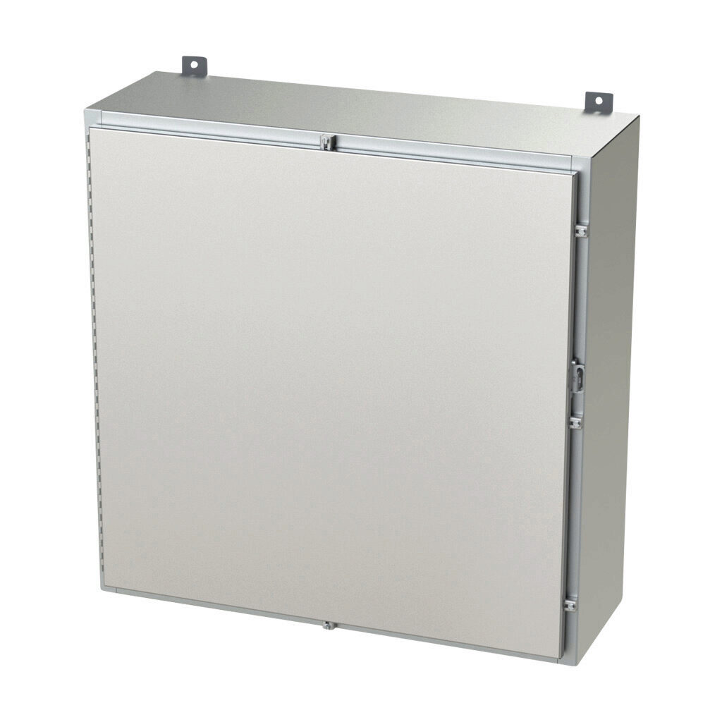 SCE-36H3612SS6LP - Saginaw enclosure, NEMA 3R/4/4X/12/13, 36 x 36 x 12in (HxWxD), wall mount, 316L stainless steel, #4 brush finish, single-door, stainless steel clamps, padlock hasp and staple.