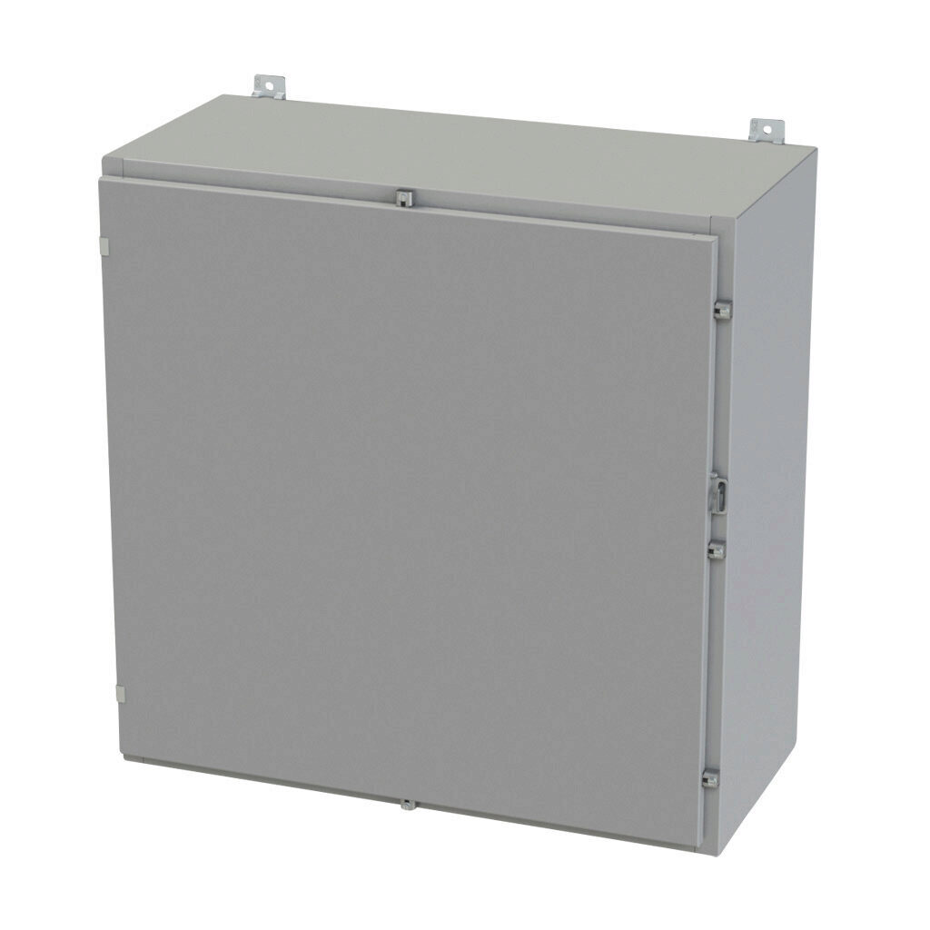 SCE-36H3616LP - Saginaw enclosure, NEMA 3R/4/12/13, 36 x 36 x 16in (HxWxD), wall mount, carbon steel, ANSI 61 gray, powder coat finish, single-door, plated steel clamps, padlock hasp and staple.