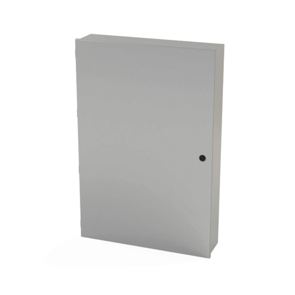 SCE-36N2406LP - Saginaw enclosure, NEMA 1, 36 x 24 x 6in (HxWxD), wall mount, carbon steel, ANSI 61 gray, powder coat finish, single-door, 1/4-turn semi-flush latch.