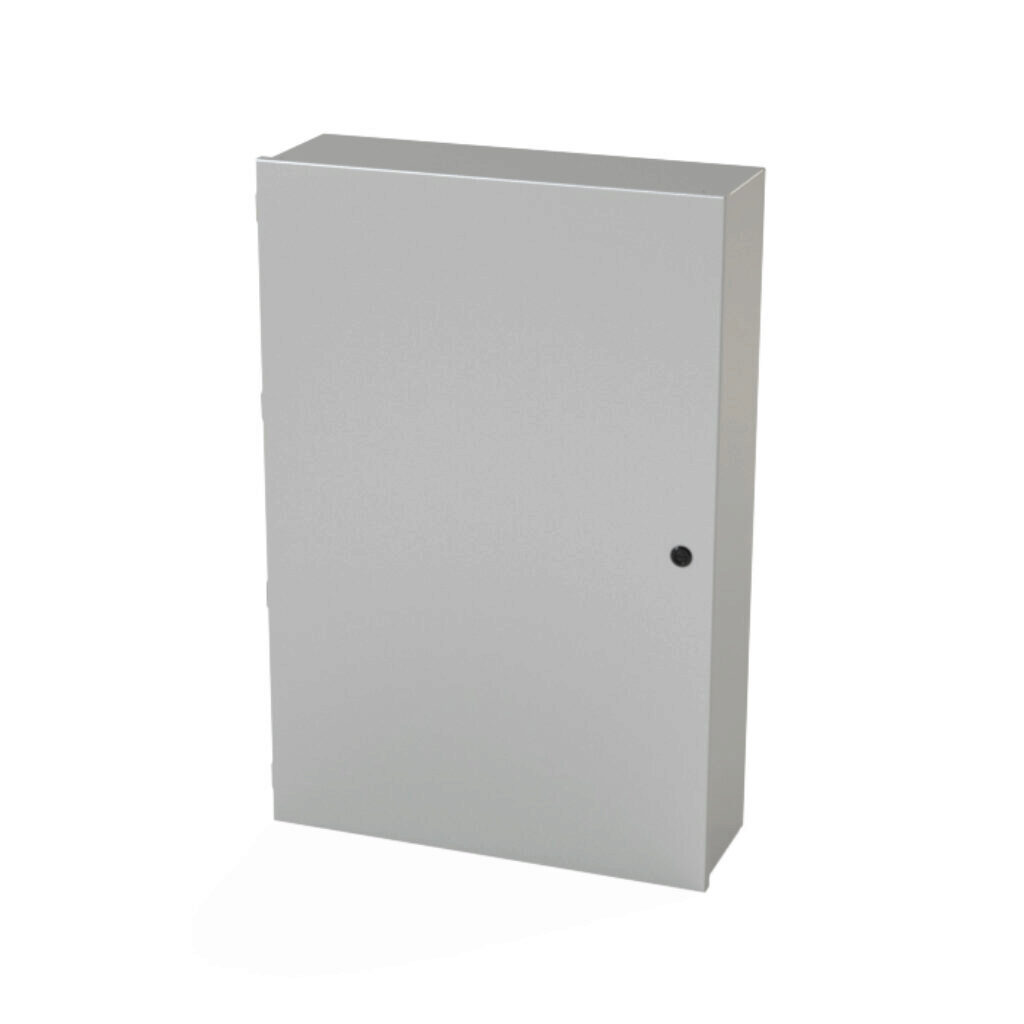 SCE-36N2408LP - Saginaw enclosure, NEMA 1, 36 x 24 x 8in (HxWxD), wall mount, carbon steel, ANSI 61 gray, powder coat finish, single-door, 1/4-turn semi-flush latch.