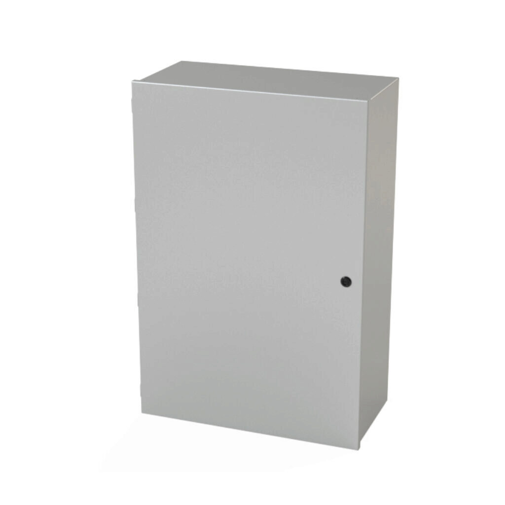 SCE-36N2412LP - Saginaw enclosure, NEMA 1, 36 x 24 x 12in (HxWxD), wall mount, carbon steel, ANSI 61 gray, powder coat finish, single-door, 1/4-turn semi-flush latch.