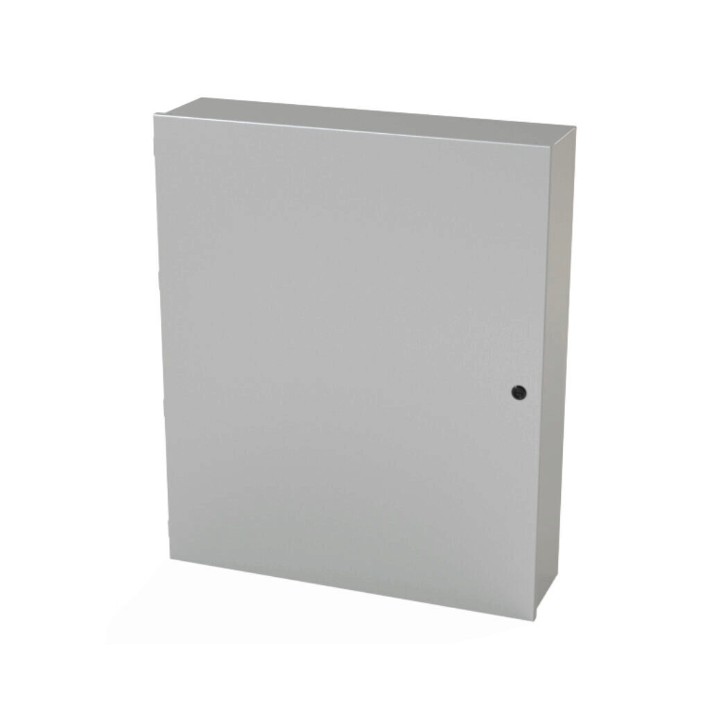 SCE-36N3008LP - Saginaw enclosure, NEMA 1, 36 x 30 x 8in (HxWxD), wall mount, carbon steel, ANSI 61 gray, powder coat finish, single-door, 1/4-turn semi-flush latch.