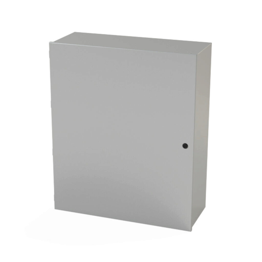 SCE-36N3012LP - Saginaw enclosure, NEMA 1, 36 x 30 x 12in (HxWxD), wall mount, carbon steel, ANSI 61 gray, powder coat finish, single-door, 1/4-turn semi-flush latch.