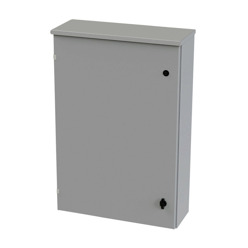 SCE-36R2408LP - Saginaw enclosure, NEMA 3R, 36 x 24 x 8in (HxWxD), wall mount, carbon steel, ANSI 61 gray, powder coat finish, single-door, 1/4-turn padlocking wing handle.