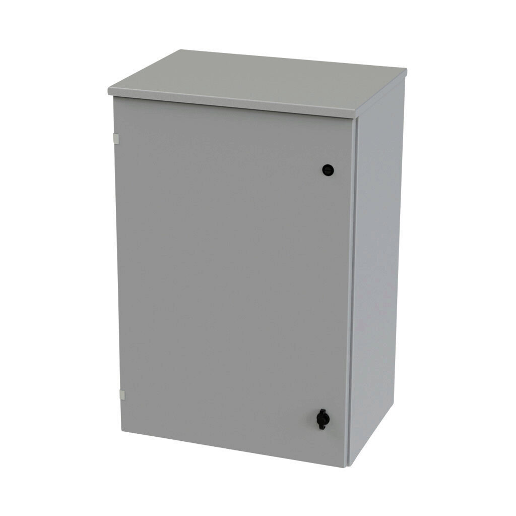 SCE-36R2416LP - Saginaw enclosure, NEMA 3R, 36 x 24 x 16in (HxWxD), wall mount, carbon steel, ANSI 61 gray, powder coat finish, single-door, 1/4-turn padlocking wing handle.