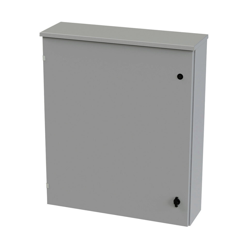 SCE-36R3008LP - Saginaw enclosure, NEMA 3R, 36 x 30 x 8in (HxWxD), wall mount, carbon steel, ANSI 61 gray, powder coat finish, single-door, 1/4-turn padlocking wing handle.