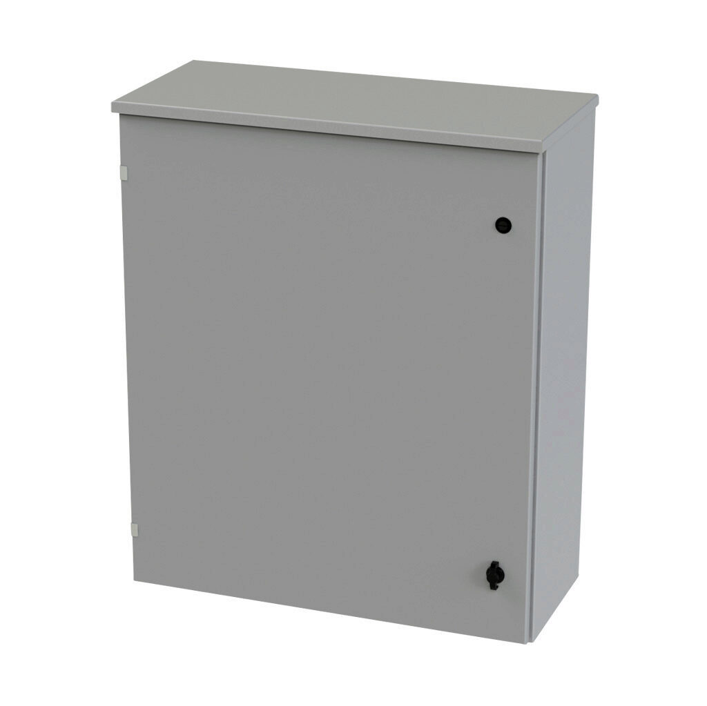 SCE-36R3012LP - Saginaw enclosure, NEMA 3R, 36 x 30 x 12in (HxWxD), wall mount, carbon steel, ANSI 61 gray, powder coat finish, single-door, 1/4-turn padlocking wing handle.