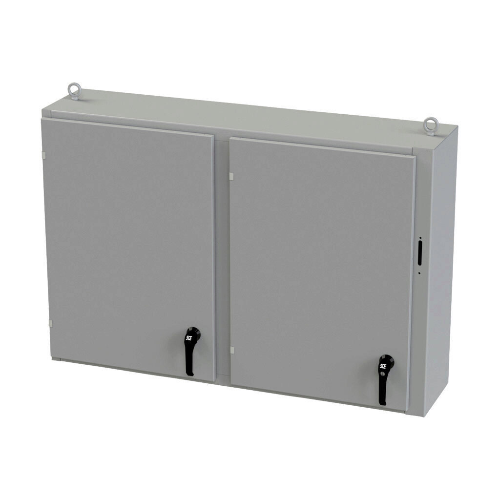 SCE-36X2D5412 - Saginaw disconnect enclosure, NEMA 3R/4/12/13, right flange, 36 x 54 x 12in (HxWxD), freestanding/wall-mount, carbon steel, ANSI 61 gray, powder coat finish, 2-door, 3-point padlocking handle, purchase subpanel separately.