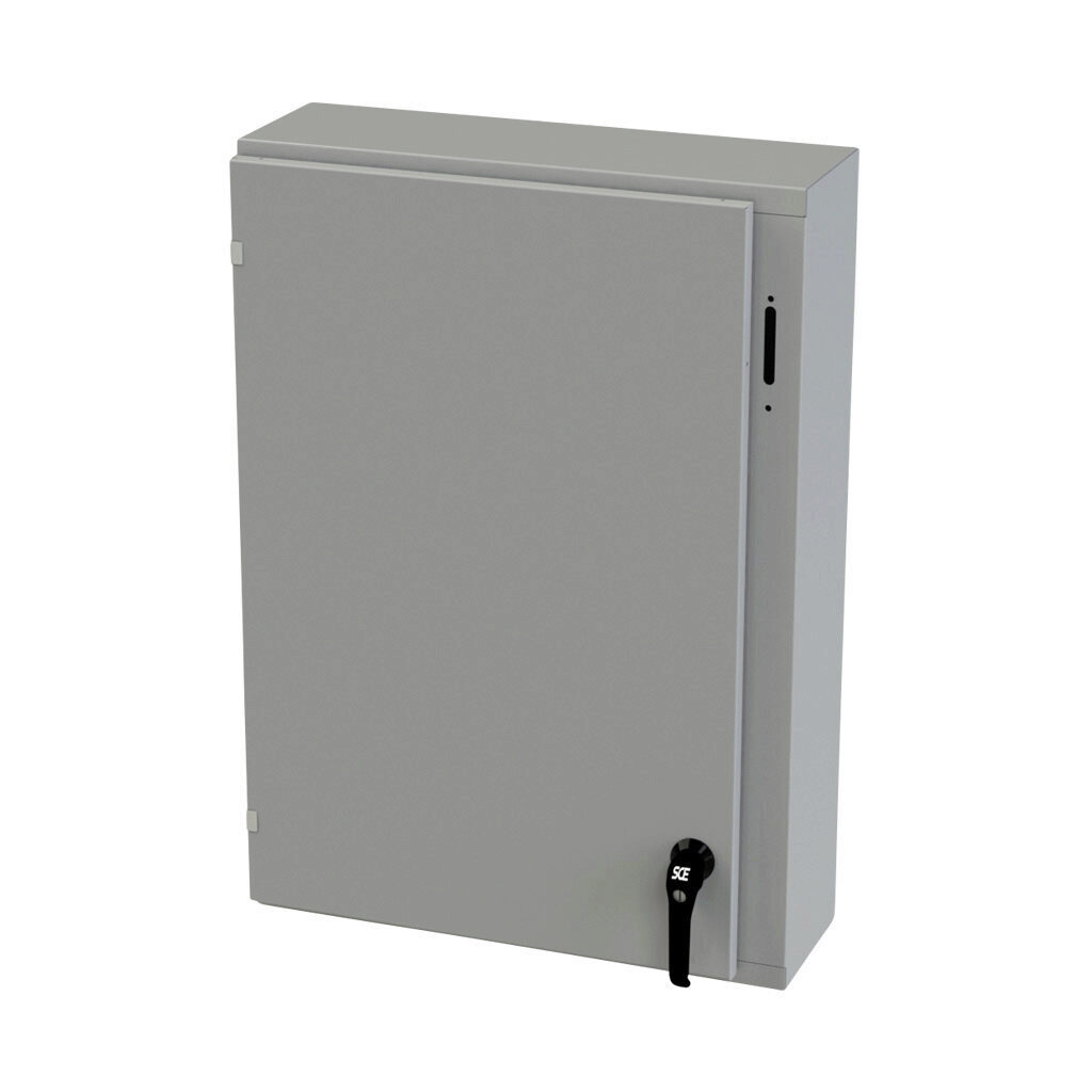 SCE-36XEL2508LP - Saginaw Enviroline series disconnect enclosure, NEMA 3R/4/12/13, right flange, 36 x 25 x 8in (HxWxD), wall mount, carbon steel, ANSI 61 gray, powder coat finish, single-door, 2-point padlocking handle, purchase subpanel separately.