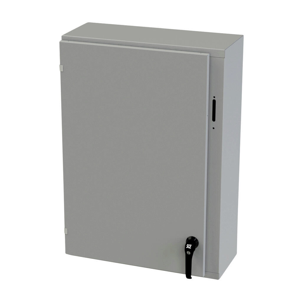 SCE-36XEL2510LP - Saginaw Enviroline series disconnect enclosure, NEMA 3R/4/12/13, right flange, 36 x 25 x 10in (HxWxD), wall mount, carbon steel, ANSI 61 gray, powder coat finish, single-door, 2-point padlocking handle, purchase subpanel separately.
