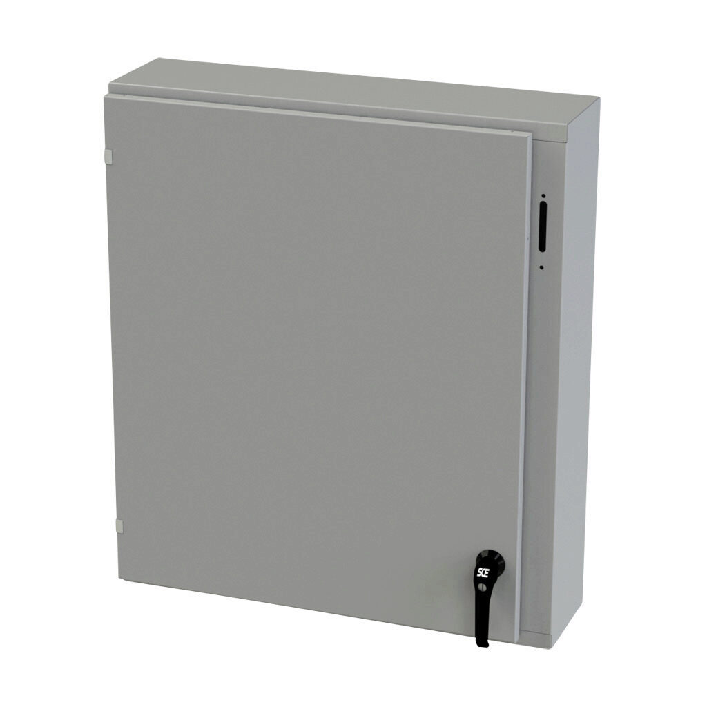 SCE-36XEL3108LP - Saginaw Enviroline series disconnect enclosure, NEMA 3R/4/12/13, right flange, 36 x 31 x 8in (HxWxD), wall mount, carbon steel, ANSI 61 gray, powder coat finish, single-door, 2-point padlocking handle, purchase subpanel separately.