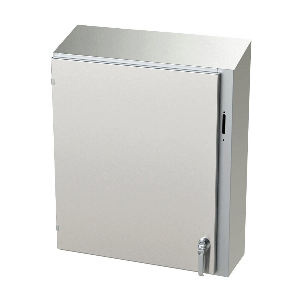 SCE-36XEL3110SSST - Saginaw Enviroline series disconnect enclosure, slope top, NEMA 3R/4/4X/12/13, right flange, 36 x 31 x 10in (HxWxD), wall mount, 304 stainless steel, #4 brush finish, single-door, 2-point padlocking handle, purchase subpanel se...