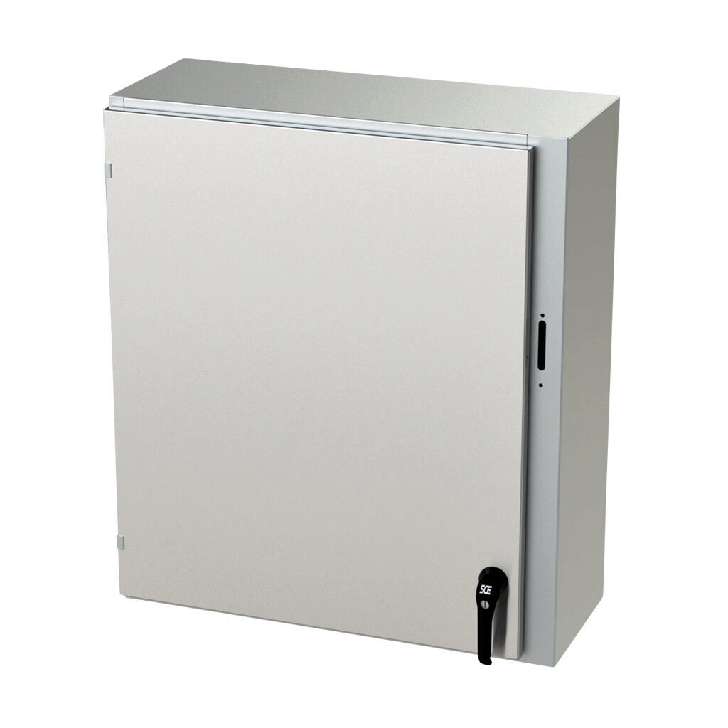 SCE-36XEL3112SS6LP - Saginaw Enviroline series disconnect enclosure, NEMA 3R/4/4X/12/13, right flange, 36 x 31 x 12in (HxWxD), wall mount, 316L stainless steel, #4 brush finish, single-door, 2-point padlocking handle, purchase subpanel separately.