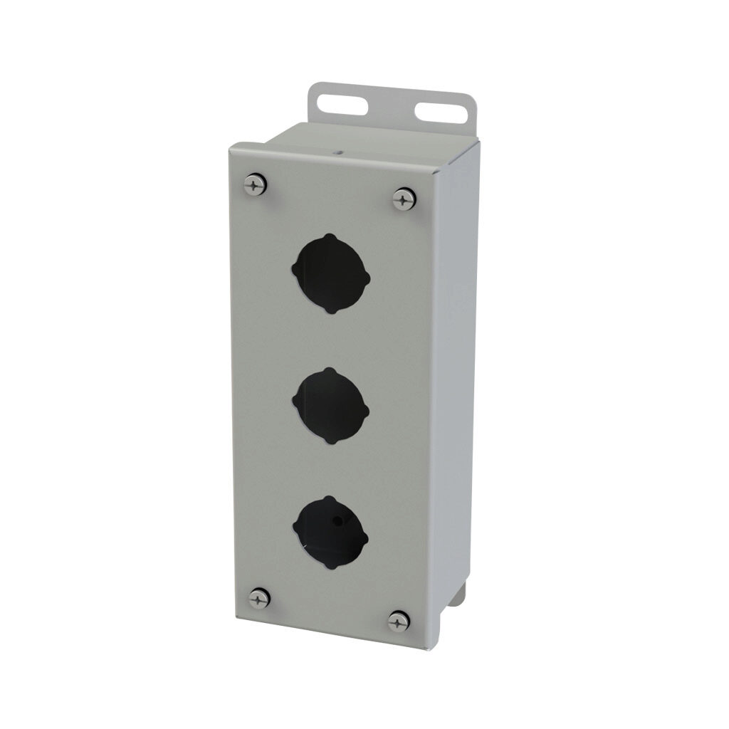 SCE-3PB - Saginaw pushbutton enclosure, 3 holes, 30mm, NEMA 4/12/13, 8 x 4 x 3in (HxWxD), wall mount, carbon steel, ANSI 61 gray, powder coat finish, screw cover.